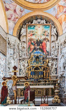 PALERMO ITALY - SEPTEMBER 7 2015: Interior of the famous church of Santa Maria dell'Ammiraglio commonly called the Martorana in Palermo Sicily Italy.