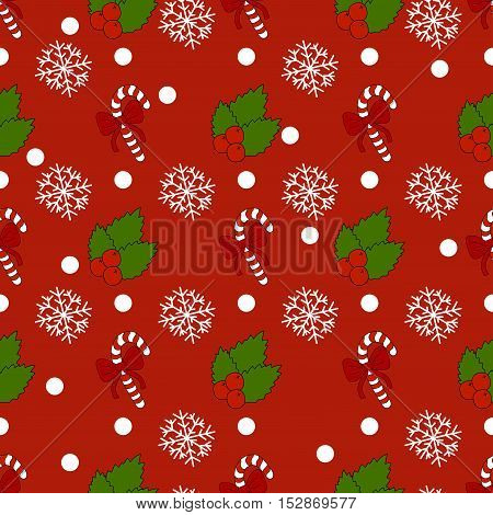 New Year pattern with christmas decoration elements. Happy holidays pattern with christmas candy and  snow on a red background.