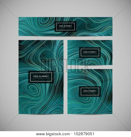 Business cards, cover, banner, brochure and flyer design template with swirled stripes and watercolor texture. Vector illustration. Marble or acrylic texture imitation. Corporate identity template. Branding design