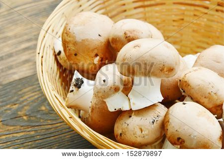 Fresh cremini mushrooms in the basket on wooden floor.