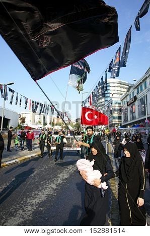 Istanbul Turkey - October 11 2016: Muslims worldwide marks Ashura Istanbul Shiite community. Turkish Shia Muslims mourning for Imam Hussain. Caferis take part in a mourning procession marking the day of Ashura in Istanbul's Kucukcekmece district Turkey on