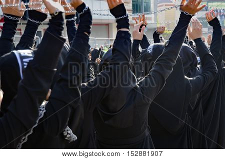 Istanbul Turkey - October 11 2016: Muslims worldwide marks Ashura Istanbul Shiite community. Turkish Shia Muslims mourning for Imam Hussain. Caferis take part in a mourning procession marking the day of Ashura in Istanbul's Kucukcekmece district Turkey on