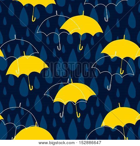 Seamless pattern with raindrops and umbrellas. Vector autumn background.