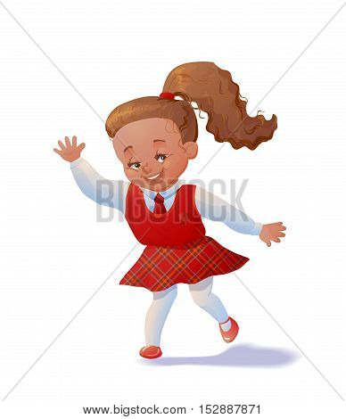 Cute running schoolgirl. Pupil in uniform. Cartoon character. Vector illustation