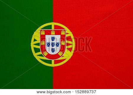Portuguese national official flag. Patriotic symbol banner element background. Correct colors. Flag of Portugal with real detailed fabric texture accurate size illustration