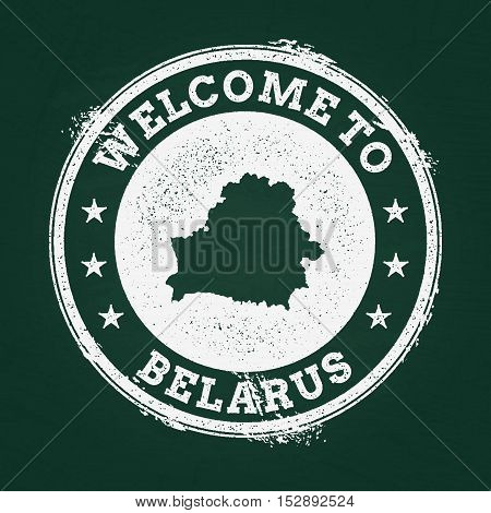 White Chalk Texture Retro Stamp With Republic Of Belarus Map On A Green Blackboard. Grunge Rubber Se