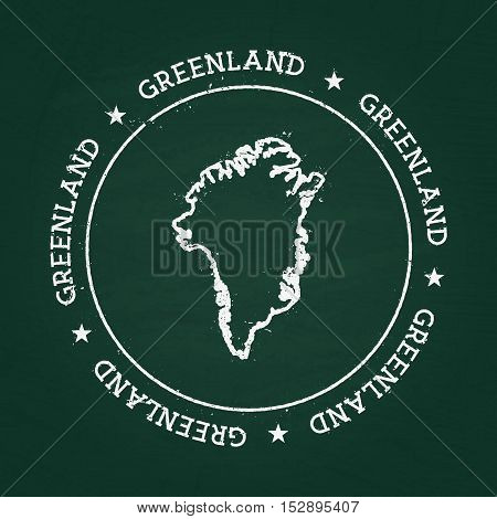 White Chalk Texture Rubber Seal With Greenland Map On A Green Blackboard. Grunge Rubber Seal With Co