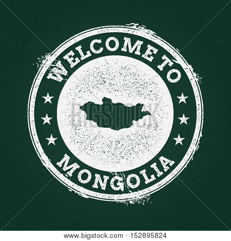 White Chalk Texture Retro Stamp With Mongolia Map On A Green Blackboard. Grunge Rubber Seal With Cou