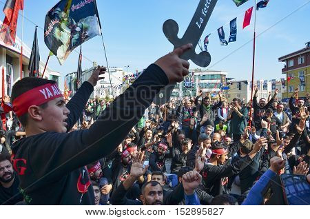 Istanbul Turkey - October 11 2016: Muslims worldwide marks Ashura Istanbul Shiite community. Turkish Shia Muslims mourning for Imam Hussain. Caferis take part in a mourning procession marking the day of Ashura in Istanbul's Kucukcekmece district Turkey