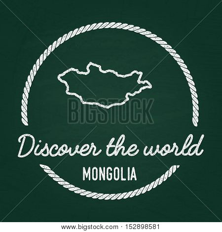 White Chalk Texture Hipster Insignia With Mongolia Map On A Green Blackboard. Grunge Rubber Seal Wit