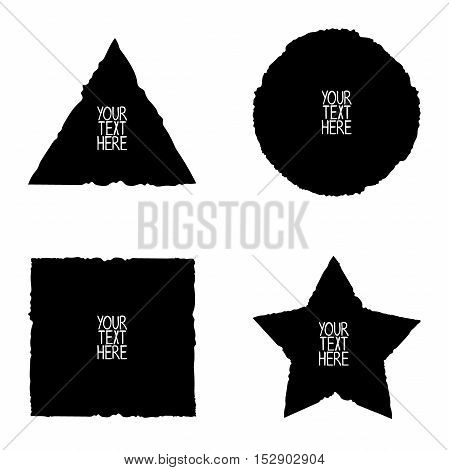 Black vector grunge shape background. Circle, square, triangle, star. Isolated vector object on white background. Your text here.