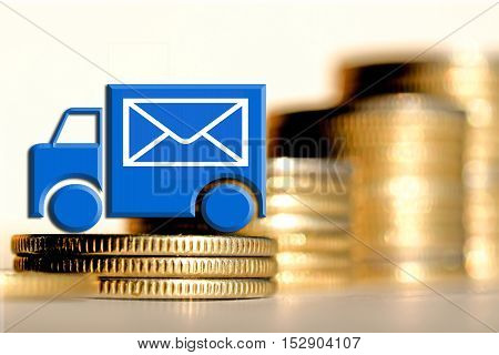 The mail truck in the background of the money .