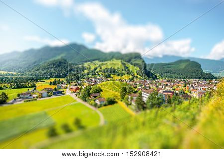 Landscape view on Balzers village in Liechtenstein. Panoramic view with tilt-shift image technic