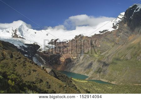 Stunning view of lake Tullpacocha with the glaciers of mount Tullparahu at Cordillera Blanca, Peru