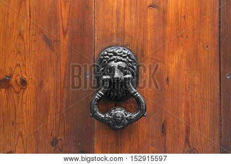 Lion Head Door Knocker on wooden background