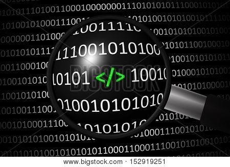Binary code with backslash and magnifying lens on black background