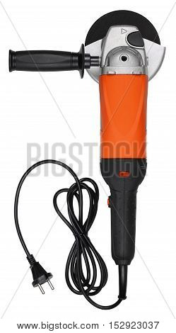 Angle Grinder with electric cable. Object is isolated on a white background without shadows.