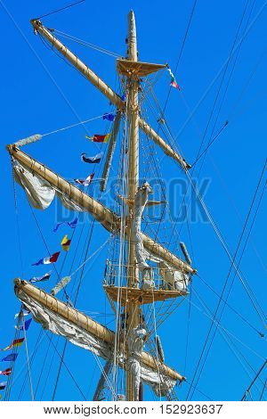 Mast of a Sailing Ship against Blue Sky