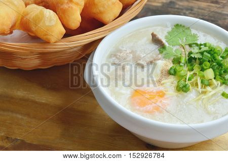 Pork congee with deep fried dough stick.