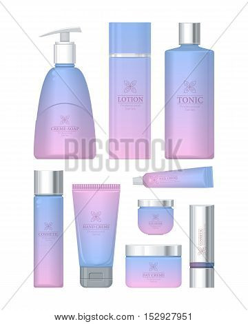 Professional series cosmetic set isolated. Hand cream, cream soap, eye cream, lotion, tonic, nail cream, day and night cream, shampoo, scrub. Part of series of decorative cosmetics items. Vector