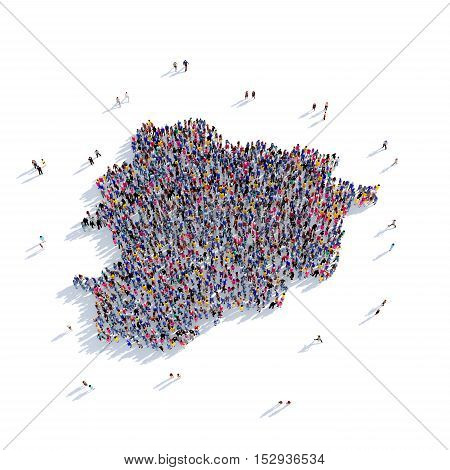 Large and creative group of people gathered together in the form of a map Andora, a map of the world. 3D illustration, isolated against a white background. 3D-rendering.