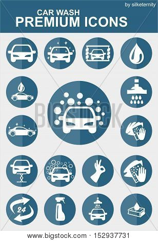 Car icon set wash automobile blue grey background