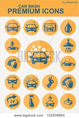 Car icon set wash automobile blue orange background