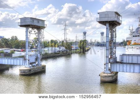 Kaliningrad. Old balance-bridge for the passage of ships with large dimensions on the Pregolya River