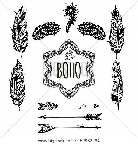 Gypsy love, hand drawn vector feathers, arrows and hand drawn elements for your design. Boho style. Hippie and tribal sketched elements.