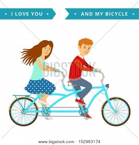 Romantic vector concept illustration on couple going outdoors riding bicycle.