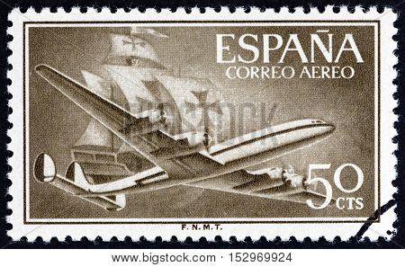 SPAIN - CIRCA 1956: A stamp printed in Spain shows Air Lockheed L-1049 Super Constellation aircraft and Caravel, circa 1956.