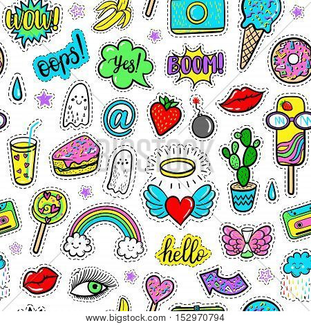 Vector hand drawn seamless pattern with fashion patches: eyes ice cream rainbow doughnut camera lip heart arrow banana ghost. Modern pop art stickers patches pins badges 80s-90s style
