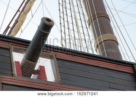 foreground of gun port and cannon of an ancient warship