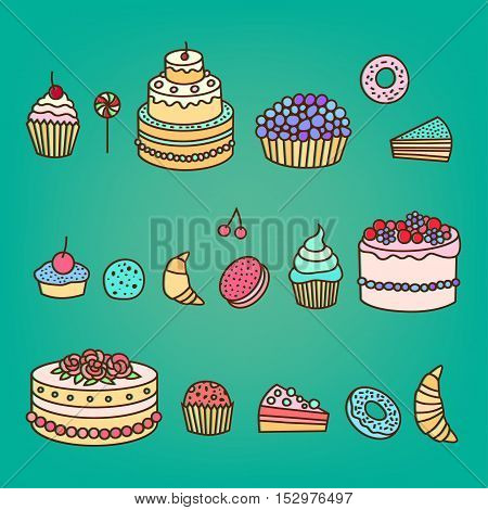 Set of colorful tasty cakes slices of pies and other bakery desserts.