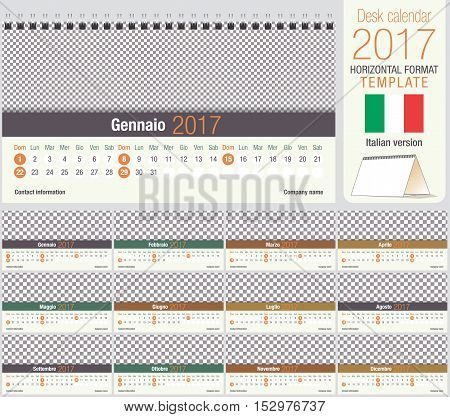 Useful desk triangle calendar 2017 template, ready for printing. Size: 220mm x 120mm. Format horizontal. Italian version