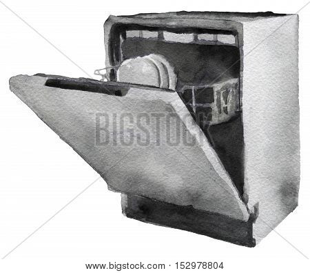 watercolor sketch of dishwasher machine on a white background
