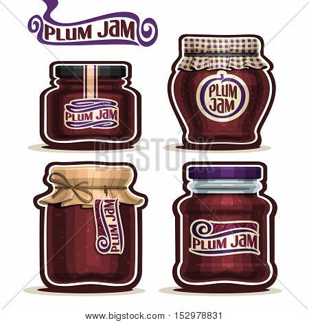 Vector logo Plum Jam in glass Jars with paper cover lid, rustic Pot home made plum jams, twine rope bow, set homemade fruit jam jar, purple jelly pot with label, checkered cloth cap, isolated on white