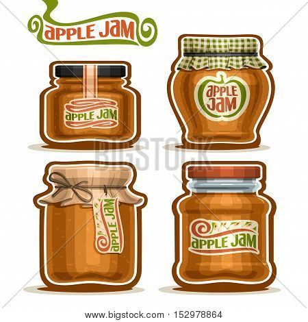 Vector logo Apple Jam in glass Jars with paper cover lid, rustic Pot home made apple jams, twine rope bow, set homemade fruit jam jar, farm jelly pot with label, checkered cloth cap, isolated on white