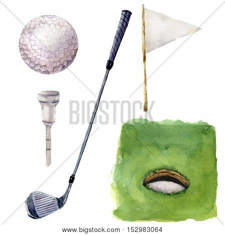 Watercolor different golf elements set. Golf illustration with Hole Course, tee, golf club, golf ball, flagstick and grass isolated on white background. For design, background or wallpaper.