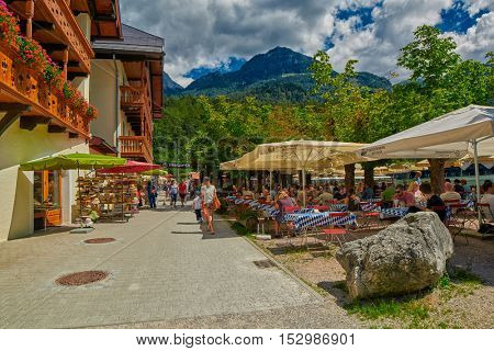 KONIGSEE, BAVARIA GERMANY - 10 Aug 2016: Konigsee Bavarian Village Beer Garden
