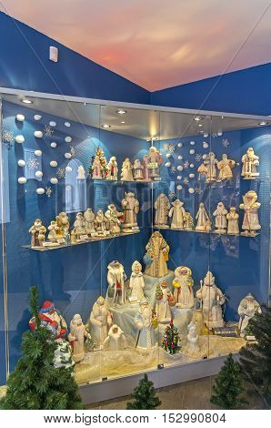KLIN RUSSIA - JANUARY 16 2016: Figurines of Fathers Frost and Snow Maidens. Museum of Christmas toys. Russian Father Frost and Santa Claus are similar but different fairy-tale characters
