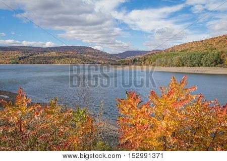 Fall foliage in peak on a bright and cloudy day overlooking reservoir in Catskill mountains, New York