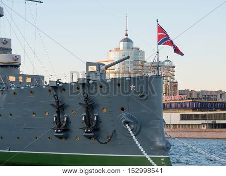 Saint Petersburg Russia September 08 2016: Forecastle gun of the cruiser Aurora in Saint-Petersburg Russia