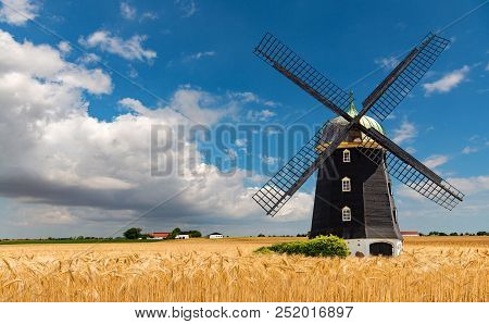 Wheat Windmill. Harvest Concent. The Stock Photo.