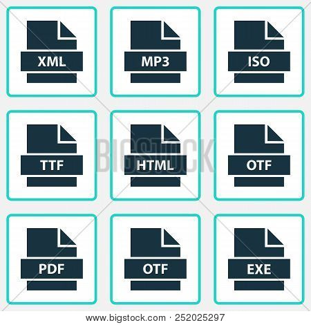 File Icons Set With Ttf, Exe, Iso And Other Xml Elements. Isolated Vector Illustration File Icons.