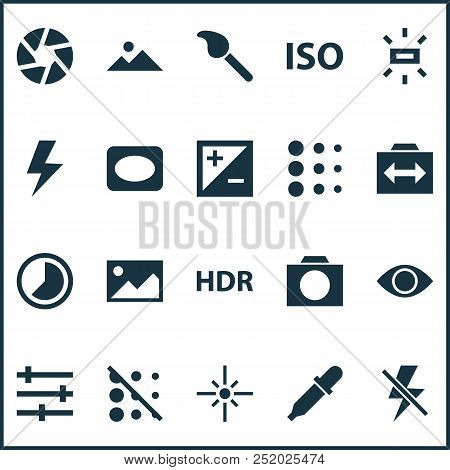 Photo Icons Set With Exposure, Blur, Circle And Other Flash Elements. Isolated Vector Illustration P