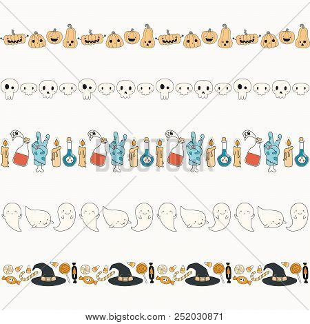 Set Of Kawaii Funny Halloween Horizontal Borders, With Pumpkins, Ghosts, Candy, Witch Hat, Skulls, P