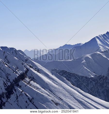 Snowy Mountains In Morning. Georgia. Caucasus Mountains, Region Gudauri At Winter.