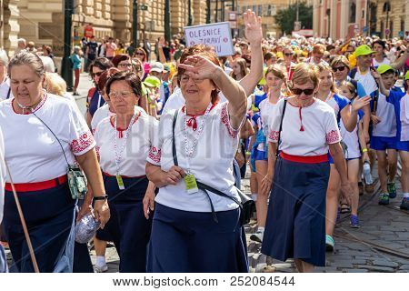 Prague, Czech Republic - July 1, 2018: Women Parading At Sokolsky Slet, A Once-every-six-years Gathe