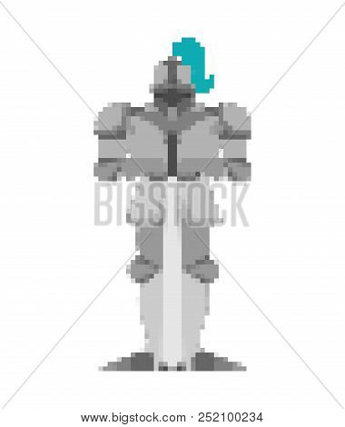 Knight Pixel Art. Metal Armor Warrior 8 Bit. Digital Iron Armor. Plate And Sword. Vector Illustratio